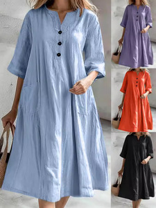 Vestido Camisero Midi <span class=keywords><strong>de</strong></span> Verano para <span class=keywords><strong>Mujer</strong></span>, <span class=keywords><strong>de</strong></span> Algodón y <span class=keywords><strong>Lino</strong></span>, Casual, Cuello en V, Manga Media, Corte Holgado, con Tres Botones y Bolsillo <span class=keywords><strong>de</strong></span> Parche, Color Sólido - Product Image 1