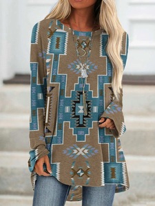 Wholesale Ladies Vintage Long Sleeve Loose T-shirt Sweatshirt Neck Aztec Geometric Pattern <strong>Tops</strong> Casual Style Woven Women's <strong>Tops</strong> - Product Image 3