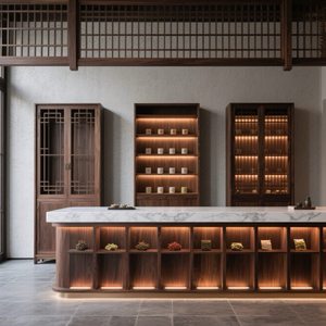 Walnootkleurige vintage Chinese stijl kassa-/barcounter voor theehuis, landelijk restaurant of boerderij - Product Image 5