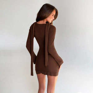 Vestido corto sexy americano de punto con cuello halter para mujer, con nudo en la cintura, ajustado, para fiesta o club. - Product Image 3