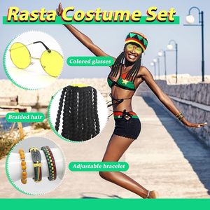 SOLPOP 5 pièces Accessoires <span class=keywords><strong>de</strong></span> fête <span class=keywords><strong>Rasta</strong></span> Cos : Chapeau avec dreadlocks noires, lunettes jaunes, 3 bracelets – Costume <span class=keywords><strong>de</strong></span> <span class=keywords><strong>déguisement</strong></span> Caraïbes - Product Image 4