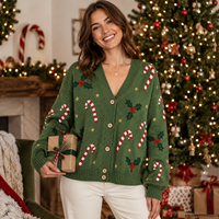 Cardigan de Noël personnalisé pour femme, motif Jacquard Canne à sucre et Aigue-marine, col en V, boutonné, tricoté – Fabrication OEM/ODM, Marque Privée
