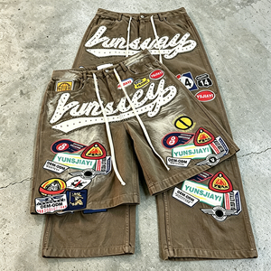 YSJY OEM Jeans à jambes larges personnalisés pour hommes, streetwear, denim vintage, <span class=keywords><strong>pantalon</strong></span> Y2K avec appliques, broderies, <span class=keywords><strong>pantalon</strong></span> en denim graphique - Product Image 1