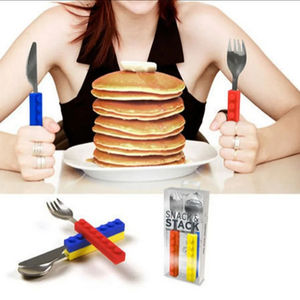 Wholesale 3Pcs <b>Building</b> <b>Block</b> Silicone Stainless Steel Kids Fork Spoon Knife Bricks Shaped Cutlery Set Funny Toddler Dinnerware - Product Image 2