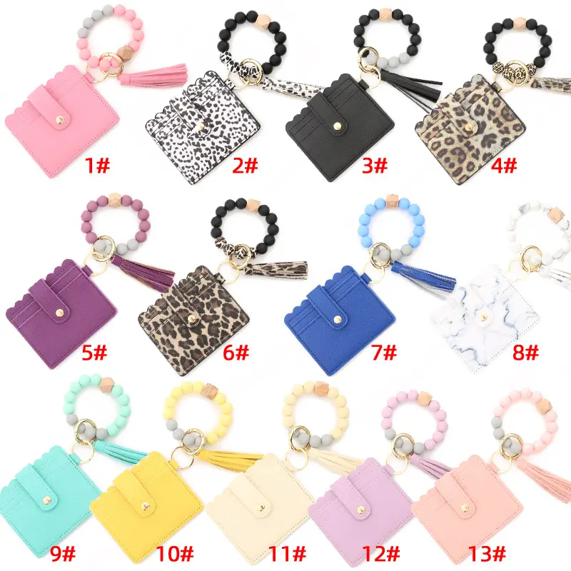 2021 Pu leather cards holder key ring wristlet keychain wood silicon beads bracelet tassel bangle cards holder wallet for women