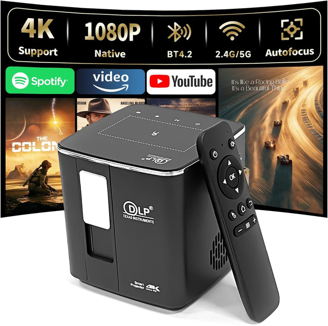 Hot Sell P12 DLP Projector Built in 9000mAh FHD 1080P 300ANSI Lumens Android 9 Auto Focus 16GB 4K Video Short Throw Home Theater