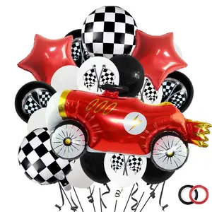 Nuevo Tema de carreras, bandera a cuadros en blanco y negro, globo de película de aluminio, ambiente competitivo, fiesta de cumpleaños para niños
