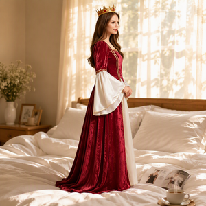 Abito Medievale da <span class=keywords><strong>Principessa</strong></span> in Velluto Bordeaux con Copertura Totale, Maniche Lunghe a Campana, Lunghezza al Pavimento, Stile Rinascimentale Reale, per <span class=keywords><strong>Film</strong></span> e TV - Product Image 6