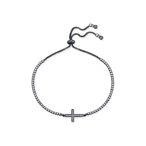 S925 Silver Black Rhodium Plated Cross <b>Bracelet</b> With Round Diamond Minimalist Everyday Wear Unisex Chain Link Jewelry - Product Image 1