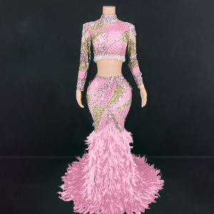 Novance Y2724 Abiti Lunghi 2025 Estate Due Pezzi Lussuosi con Cristalli e Piume Abiti Lunghi da Donna Manica Lunga Modesti - Product Image 1