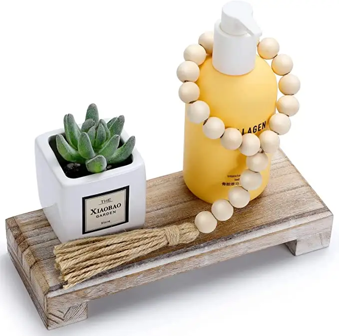 Wood Farmhouse Pedestal Stand Riser Wooden Soap Holder and Wood Bead Garland for Plant Bottles Candles Display