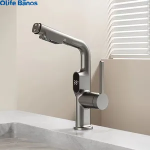 Penjualan laris keran wastafel tampilan Digital suhu tarik ke bawah penyemprot wastafel air panas dingin keran cuci untuk kamar mandi
