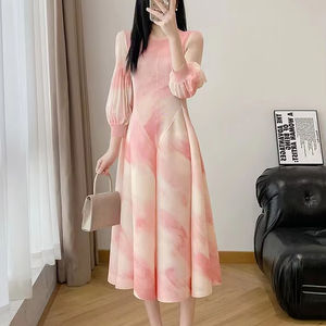 Abito Lungo Plissettato di Lusso da Donna, Vestito Aderente a Maniche Lunghe con Vita Alta, Elegante Motivo Tinta Unita in Chiffon - Product Image 1