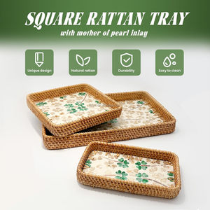 Juego de 3 bandejas de servicio bohemias hechas a mano, cesta de ratán con incrustaciones de perlas madre para cocina, sala de estar, mesa de centro, servicio decorativo - Product Image 2