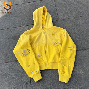 Sudadera con capucha para hombre con logo personalizado, estilo vintage, lavado ácido, con cremallera, pedrería, bordado de perlas y diamantes, de peso pesado, corta, estilo Y2K. - Product Image 1