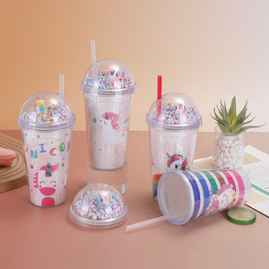 Double wall crushed ice viewing <b>plastic</b> <b>straw</b> cup 16oz trendy summer round dome tumbler anti drop <b>drink</b> cup for kids girls - Product Image 2