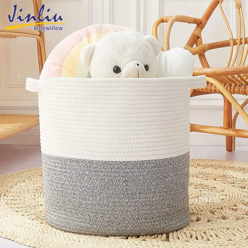 Woven Basket Blankets Toys Storage Basket Great Comforter Cushions Storage Bins Cotton Rope Baskets with Handles