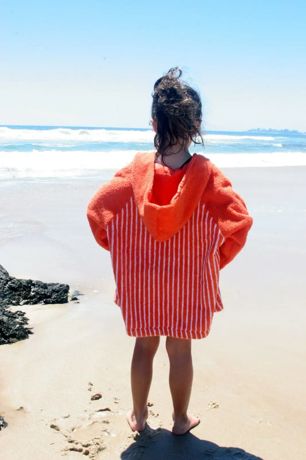 Rot gestreifter Großhandel Bademantel gekämmte Baumwolle Handtuch Poncho Kinder New Style Kinder Zip Up Kapuze Strand tuch
