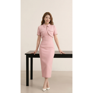 Vestido Midi Ajustado Rosa de Moda con Cuello de Solapa, Mangas Cortas y Detalle de Bolsillo Frontal, Vestido Elegante para Mujer de Negocios, Precio al por Mayor - Product Image 2