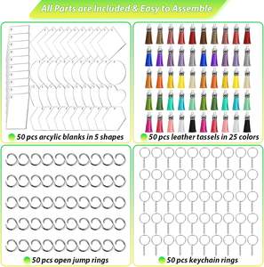 200 יחידות מחזיקי מפתחות אקריליים מודרניים, 5 צורות (דיסק, לב, משושה), צ'ארמס עם גדילים, טבעות קפיצה, ערכת יצירה לחריטה וצביעה - Product Image 4
