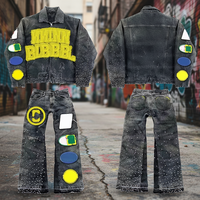 Ensemble de survêtement YTS personnalisé, streetwear, broderie usée, strass, veste en jean denim pour hommes