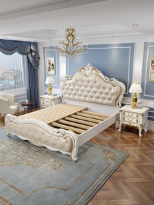 Luxury Tufted Upholstered King Size Bed, Classic Carved Solid Wood Double Bed Frame for Bedroom Furniture - Product Image 4