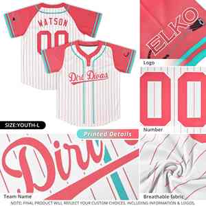 Camiseta de Softbol Personalizada con Rayas Naranja, Aqua y Blancas, Mangas Raglán, Dos Botones, Auténtica - Product Image 5