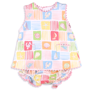 GBO0537 Ensemble de vêtements décontractés pour fillette, style personnalisé sans MOQ, imprimé étoiles écossaises colorées, bummies sans manches, vente en gros pour enfants - Product Image 1
