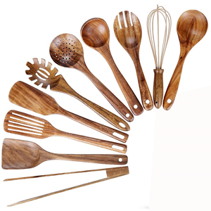 Ensemble d'ustensiles de cuisine en teck naturel, cuillères et spatules en bois, pour cuisiner et pâtisser - Product Image 1