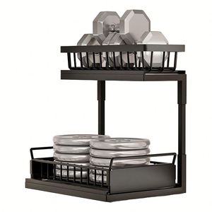 Organizador y estante de almacenamiento negro de 2 niveles ajustable de metal transparente para debajo del fregadero del baño, cesta extraíble a prueba de óxido para especias - Product Image 2