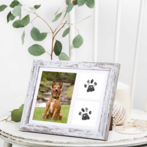 Cadre en bois blanc pour animaux de compagnie avec kit d'empreintes de pattes pour affichage de photos commémoratives de chiens et de chats - Product Image 1