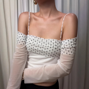 Women's Polka Dot Camisole Off Shoulder Mesh <b>Patchwork</b> <b>Top</b> Sheer Layer Party Wear - Product Image 1