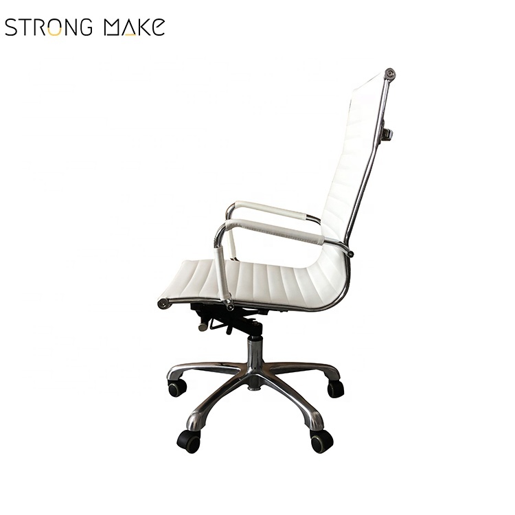 Classic Design white high back leather PU black ribbed polish aluminum leg office chair with wheel