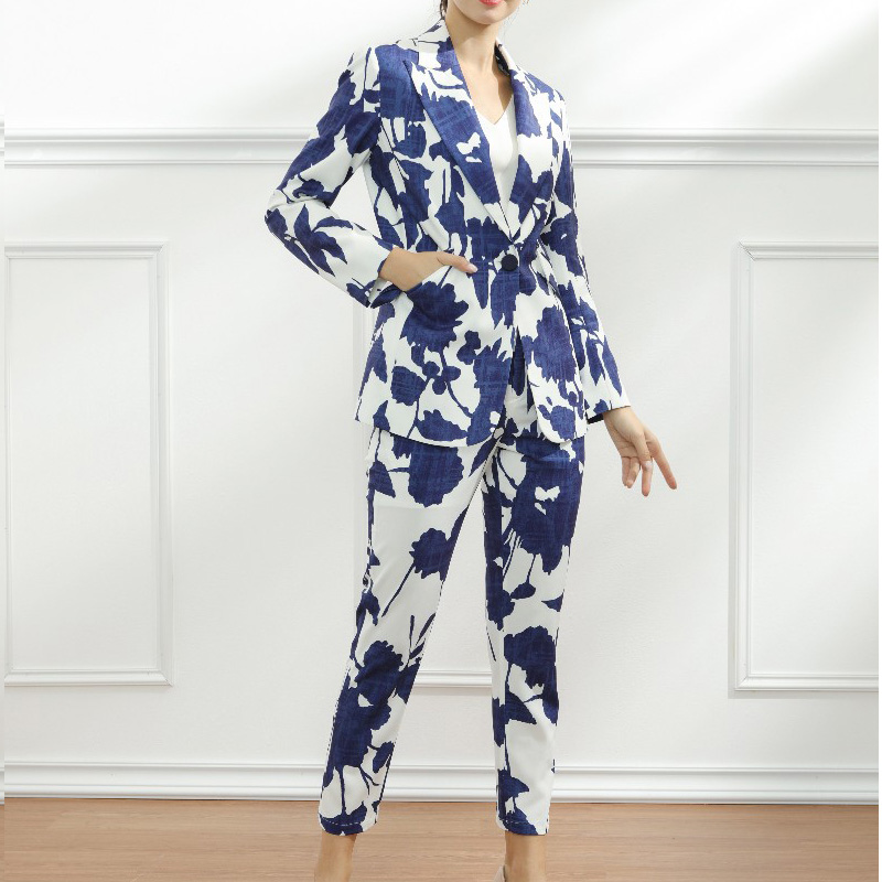 R32584S 2021 autumn and winter printing cotton one-button long-sleeved blazers long pant blue suit two piece sets women clothing