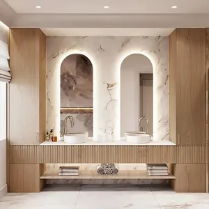 Hotel de lujo de diseño moderno 12 20 42 70 pulgadas flotante montado en la pared MDF PVC baño Gabinete de la vanidad conjunto con espejo del fregadero