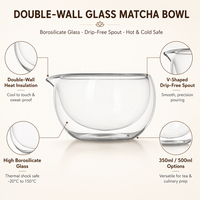 Cérémonie du thé – Bol à matcha en verre borosilicate à double paroi de 350 ml et 500 ml avec bec verseur en V pour thé chaud ou froid