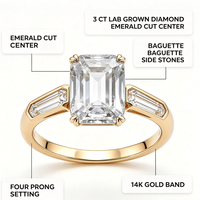 Bague en or 14 carats certifiée IGI pour femme, diamant de laboratoire CVD taille émeraude 3 carats, bijoux fins en gros