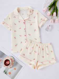 Women's Comfortable Crepe Pajamas Elastic Waist Breathable Crepe Lapel Sleepwear Shirt For Home Summer Style