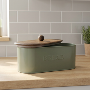 Moderna Caja de Pan Metálica Verde con Tapa Deslizante de Madera para Almacenamiento de Alimentos en la Cocina - Product Image 3
