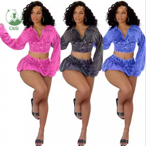 Set Rok 2 Potong Model Ribbed Terbaru Wanita, Atasan Rajut Kerah V dan Rok Bubble, Set Pakaian Dua Potong untuk Wanita - Product Image 1