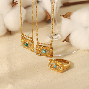 Evil Eye <b>Square</b> Pendant 18k Gold Stainless Steel Zirconia Necklace And Ring <b>Set</b> Geometric Design Gift Jewelry - Product Image 2