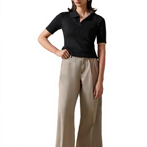 Elegant <b>Women's</b> <b>Black</b> Ribbed Knit <b>Polo</b> <b>Shirt</b> Fashion Slim Fit Short Sleeve Premium Knitwear Custom Logo Wholesale Supplier - Product Image 1