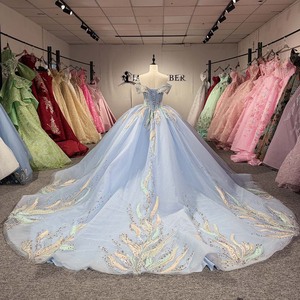 8531 Blue Beaded Lace Sweetheart <b>Sheer</b> Tulle Ball Gown Crystal Bodice Applique Tulle <b>Skirt</b> Natural Waistline for Quinceanera - Product Image 4