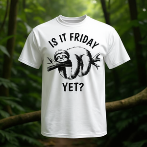 Camiseta de manga corta con cuello redondo para niños pequeños, unisex, con estampado de lazo perezoso y la frase 'Ya es viernes?', para uso promocional - Product Image 3