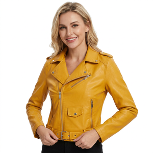 Blouson Moto Asymétrique en Cuir Véritable Jaune Moutarde pour Femme, Col Cranté, Ceinture à la Taille, Style Streetwear Tendance - Product Image 2