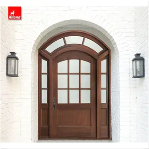 Walnut Wood Swing Front Door With Decorative Glass With Transom for Home Entrance