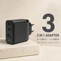 Chargeur USB 3 en 1 avec prise EU, double port Type-C, adaptateur de charge rapide, matériau ABS, chargeur de bureau compact pour les voyages