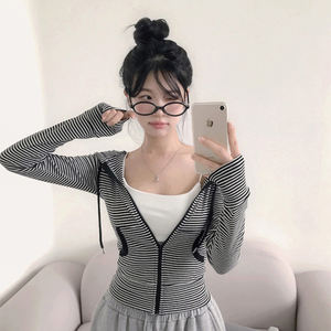 Women Sweet Striped Hooded Cardigan | Slim Fit Cropped Zip Up <b>Long</b> <b>Sleeve</b> Jacket Preppy Casual Daily Wear <b>Top</b> - Product Image 4
