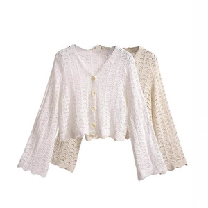 Cárdigan de punto para mujer con manga acampanada hueca, cuello en V, holgado, manga larga, transpirable, de ganchillo, camisa de protección solar - Product Image 5