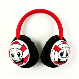 Orejeras de Felpa Rojas Personalizadas con Diseño de Cara de Voleibol para Calor y Diversión - Product Image 1
